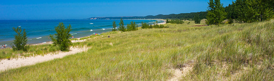 looking over sand dunes and beach grass out to Lake Michigan and waves